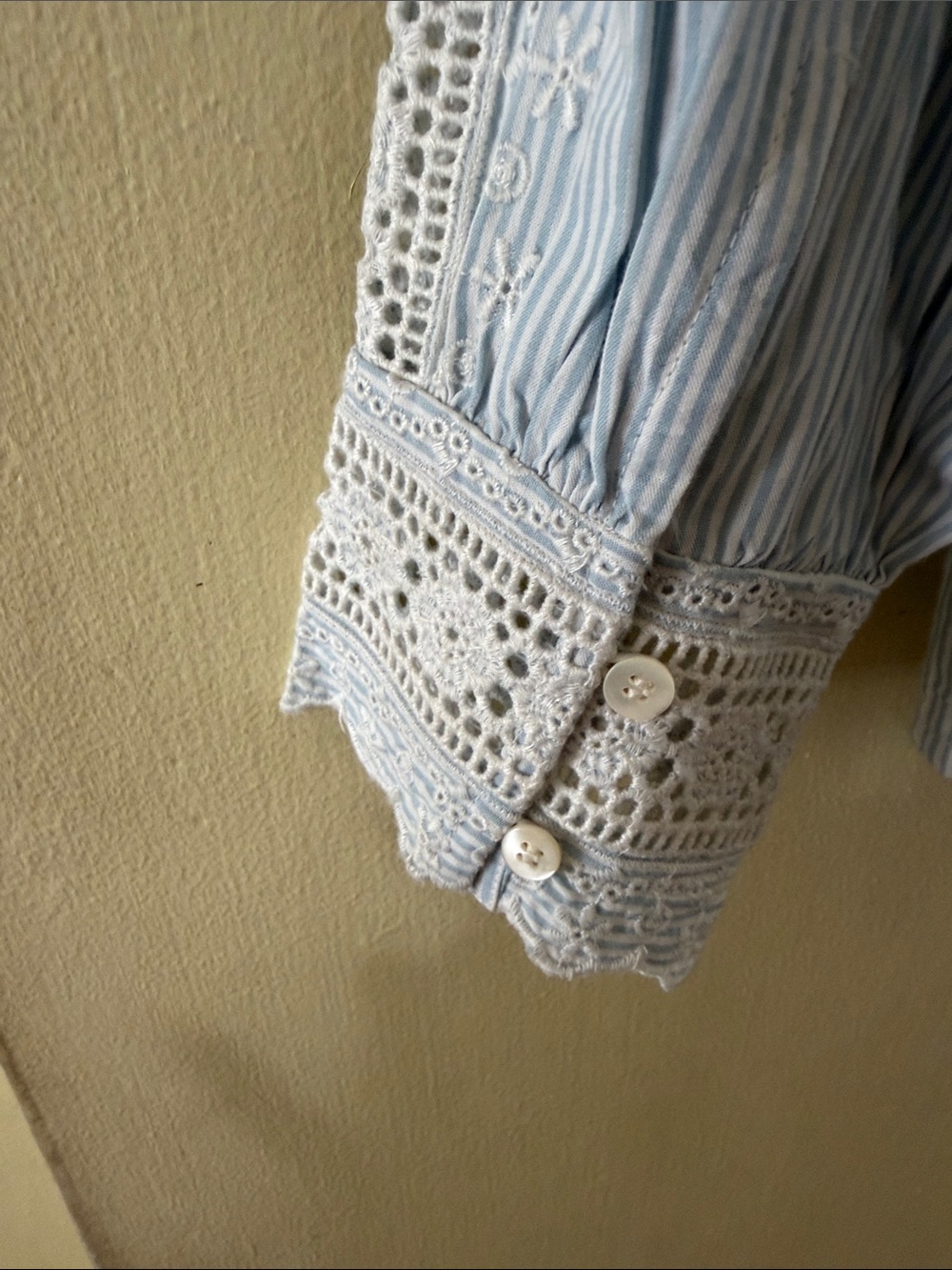 Sezane Claudio Light Blue & White Pinstripe Lace-Trim and inset Blouse NWT - Picture 9 of 11